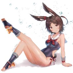 Rule 34 | 1girl, animal ears, azur lane, blush, breasts, brown eyes, brown hair, cocoasabure, commentary request, dark-skinned female, dark skin, detached collar, female focus, full body, highres, i-26 (azur lane), looking at viewer, medium breasts, one-piece swimsuit, rabbit ears, red eyes, ribbon, sailor collar, school swimsuit, short hair, simple background, smile, solo, strapless, strapless one-piece swimsuit, swimsuit
