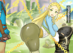 Rule 34 | 1boy, 1girl, 20s, 9x2no18, absurdres, arched back, arm support, ass, belt, bent over, black gloves, black pants, blonde hair, blue sky, blue tunic, braid, breasts, brown gloves, brown pants, bulge, chain, crown braid, day, embroidery, erection, erection under clothes, fingerless gloves, from side, gloves, gold trim, grass, green eyes, hair ornament, hairclip, head out of frame, highres, hill, holding, holding tablet pc, huge ass, japanese text, large breasts, link, long hair, long sleeves, looking at another, looking back, magic, mountain, narrow waist, nintendo, open mouth, outdoors, pants, pedestal, pointy ears, princess, princess zelda, sheikah slate, shiny clothes, short hair, sky, speech bubble, stasis (rune), tablet pc, talking, the legend of zelda, the legend of zelda: breath of the wild, time manipulation, time stop, tunic, very long hair, white tunic