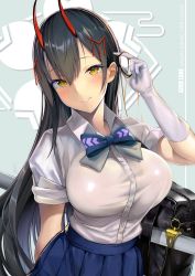 Rule 34 | 1girl, alcoholrang, azur lane, bag, black hair, blue background, blue ribbon, blue skirt, blush, breasts, character name, collared shirt, copyright name, dated, elbow gloves, gloves, hair between eyes, hair ornament, highres, horns, large breasts, long hair, looking at viewer, neck ribbon, parted lips, pleated skirt, ribbon, school bag, school uniform, sheath, sheathed, shirt, shirt tucked in, short sleeves, shoulder bag, skirt, solo, suzuya (azur lane), uniform, upper body, white gloves, white shirt, yellow eyes