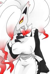 Rule 34 | 1girl, animal ears, animal hands, apron, big hair, black dress, body fur, breasts, claws, closed mouth, clothed pokemon, colored sclera, cowboy shot, creatures (company), dress, female focus, frilled apron, frills, furry, furry female, game freak, gradient hair, grey fur, hand on own chest, hand up, hisuian zoroark, large breasts, long hair, long sleeves, looking down, maid, maid apron, multicolored hair, nintendo, osenchurii, pokemon, pokemon (creature), red eyes, red fur, red hair, simple background, snout, solo, standing, two-tone fur, two-tone hair, very long hair, white apron, white background, white hair, wolf ears, wolf girl, yellow sclera