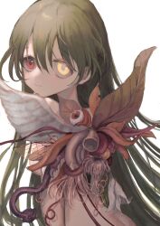 Rule 34 | 1girl, absurdres, asymmetrical wings, body horror, breasts, completely nude, eyeball, feathered wings, flower wings, green hair, heterochromia, highres, insect wings, leaf wings, long hair, looking at viewer, medium breasts, mismatched wings, nude, plant wings, qqmzn, red eyes, sayonara wo oshiete, simple background, smile, snake, solo, sugamo mutsuki, tendril, tongue, upper body, very long hair, white background, white wings, wings, yellow eyes