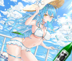 Rule 34 | 1girl, arched back, armpit peek, bare shoulders, bear, bent over, bikini, blue hair, blurry, blurry foreground, blush, bottle, breasts, cleavage, cloud, cloudy sky, covered erect nipples, cowboy shot, dutch angle, eyebrows hidden by hair, floating hair, food, food in mouth, from side, front-tie top, hand on railing, hat, highleg, highleg bikini, highres, holding, holding clothes, holding hat, hololive, large breasts, long hair, looking at viewer, micro bikini, mouth hold, navel, o-ring, ocean, pointy ears, popsicle, skindentation, sky, solo, ssum-qin, strap gap, straw hat, swimsuit, thigh strap, thighs, virtual youtuber, water drop, wavy hair, white bikini, yellow eyes, yukihana lamy