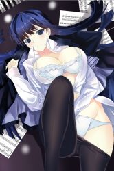 Rule 34 | 1girl, aquaplus, black jacket, blazer, blue eyes, blue hair, blush, bra, breasts, cleavage, closed mouth, collarbone, dress shirt, frilled bra, frills, instrument, jacket, knee up, large breasts, long hair, long sleeves, looking at viewer, lying, midriff, midriff peek, navel, nose, on back, open clothes, open mouth, open shirt, panties, pantyhose, piano, piano keys, qq134, sheet music, shirt, solo, thighs, touma kazusa, underwear, unworn clothes, very long hair, white album, white album (series), white album 2, white shirt