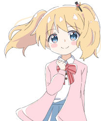 Rule 34 | 1girl, alice cartelet, blonde hair, blue eyes, blue skirt, blush stickers, bow, closed mouth, collared shirt, commentary request, hand up, highres, jacket, kapuru 0410, kin-iro mosaic, open clothes, open jacket, pink bow, pink jacket, pleated skirt, school uniform, shirt, simple background, skirt, smile, solo, striped, striped bow, twintails, white background, white shirt