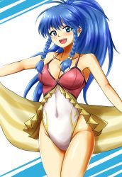 Rule 34 | 1girl, blue eyes, blue hair, braid, breasts, casual one-piece swimsuit, d-m (dii emu), fire emblem, fire emblem: the sacred stones, fire emblem heroes, highres, long hair, looking at viewer, medium breasts, nintendo, one-piece swimsuit, open mouth, ponytail, side braid, simple background, smile, solo, swimsuit, tana (fire emblem), tana (summer) (fire emblem), twin braids, white background
