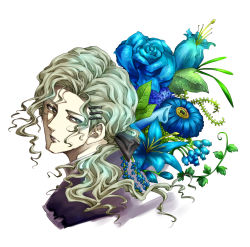 Rule 34 | 10s, 1boy, blue rose, bow, flower, formal, grey eyes, grey hair, hair bow, hair ornament, hairclip, harold44, lips, long hair, male focus, plant, ponytail, rose, solo, suit, tiger &amp; bunny, white background, yuri petrov