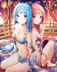 Rule 34 | 2girls, absurdres, armlet, back-to-back, bare shoulders, barefoot, bikini, blue bikini, blue eyes, blue gemstone, blue hair, blush, breasts, building, circlet, cleavage, closed mouth, cloud, collarbone, daikyou (houchi shoujo), gem, gold trim, hair ornament, hand up, highres, houchi shoujo, indoors, lantern, legs together, light particles, long hair, looking at viewer, medium breasts, multiple girls, onsem, parted lips, petals, purple legwear, red bikini, red eyes, red gemstone, red hair, revealing clothes, shawl, shoukyou (houchi shoujo), siblings, sidelocks, single thighhigh, sisters, sitting, sky, smile, star (sky), starry sky, stomach, sunset, swimsuit, thighhighs, thighs, very long hair, wind, yokozuwari