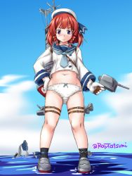 Rule 34 | 1girl, 1other, adapted turret, blue neckerchief, blue ribbon, blue skirt, blue sky, bob cut, braid, cloud, day, etorofu (kancolle), from below, full body, gloves, kantai collection, loafers, long sleeves, looking at viewer, machinery, multicolored hair, navel, neckerchief, no pants, one-hour drawing challenge, outdoors, panties, pleated skirt, purple eyes, red hair, ribbon, school uniform, serafuku, shoes, side braid, skirt, unworn skirt, skirt thief, sky, standing, tatsumi ray, tentacles, thick eyebrows, tsurime, twin braids, twitter username, underwear, white gloves, white panties