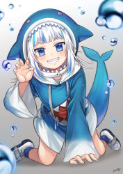Rule 34 | 1girl, animal hood, blue eyes, blue hair, blue hoodie, blunt bangs, blurry, blush, depth of field, fins, fish tail, gawr gura, gawr gura (1st costume), hair ornament, highres, hololive, hololive english, hood, hoodie, long sleeves, looking at viewer, mongble, multicolored hair, open mouth, shark hood, shark tail, sharp teeth, smile, solo, streaked hair, tail, teeth, virtual youtuber, water drop, white hair