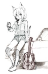 Rule 34 | 1girl, animal ears, blush, boots, cat ears, cat tail, cutoffs, flat chest, guitar, highres, instrument, majima yuki, monochrome, short hair, shorts, simple background, smile, solo, tail, thighhighs, white background