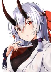 Rule 34 | 1girl, armor, bodysuit, bow, breasts, clothes pull, commentary request, fate/grand order, fate (series), hair between eyes, hazuki gyokuto, headband, horns, japanese armor, japanese clothes, kimono, large breasts, long hair, looking at viewer, oni, oni horns, parted lips, pink lips, red bow, red eyes, red ribbon, ribbon, silver hair, solo, tomoe gozen (fate), upper body, very long hair, white kimono