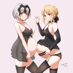 Rule 34 | 2girls, :o, absurdres, artist name, artoria pendragon (all), artoria pendragon (fate), babydoll, belly-to-belly, blonde hair, bow, breasts, cleavage, collarbone, cowboy shot, fate/grand order, fate (series), garter belt, garter straps, grey hair, hair bow, hair bun, headpiece, highres, holding hands, huge filesize, jeanne d&#039;arc alter (fate), lace, lace trim, large breasts, looking at viewer, multiple girls, nightgown, panties, pregnant, saber alter, sakuranohako, shiny skin, short hair, sidelocks, simple background, smile, standing, thighhighs, underwear, yellow eyes