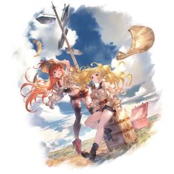 Rule 34 | 2girls, blonde hair, blue eyes, boots, brown eyes, closed mouth, cloud, floating hair, flying paper, fold-over boots, garter straps, granblue fantasy, hat, lecia (granblue fantasy), luggage, minaba hideo, monika weisswind, multiple girls, official art, one eye closed, open mouth, paper, red hair, rolling suitcase, shirt, shorts, signpost, sitting, sky, standing, straw hat, suitcase, thighhighs, transparent background, wind