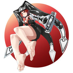 Rule 34 | 1girl, bare legs, barefoot, breasts, center opening, cleavage, cleavage cutout, clothing cutout, eiji (eiji), english text, feet, foot focus, foreshortening, guilty gear, guilty gear 2, hair between eyes, hat, headpiece, highres, large breasts, looking at viewer, red eyes, red hair, red ribbon, ribbon, short hair, simple background, skirt, solo, thighs, valentine (guilty gear), white background