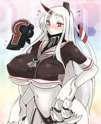 Rule 34 | 1girl, abyssal ship, amatsukaze (kancolle) (cosplay), amatsukaze (kancolle), blush, breasts, claws, cosplay, covered erect nipples, flying sweatdrops, highres, horns, huge breasts, kantai collection, long hair, navel, pale skin, red eyes, seaport princess, single horn, solo, torii5011, underboob, undersized clothes, white hair