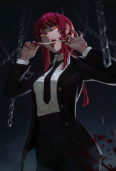 Rule 34 | 1girl, absurdres, black coat, black necktie, black pants, blood, blood splatter, braid, braided ponytail, business suit, chain, chainsaw man, coat, collared shirt, dnaitari, formal, hands up, high-waist pants, highres, licking, makima (chainsaw man), necktie, office lady, pants, red hair, ringed eyes, shirt, shirt tucked in, solo, suit, tongue, tongue out, yellow eyes