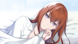 Rule 34 | 1girl, absurdres, bed sheet, blanket, blue eyes, bright pupils, closed mouth, collarbone, collared shirt, commentary request, dutch angle, hair between eyes, highres, light blush, long hair, looking at viewer, lying, makise kurisu, namari, on bed, on side, open clothes, open shirt, partial commentary, red hair, shirt, smile, solo, steins;gate, straight hair, upper body, white pupils, white shirt