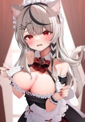 Rule 34 | 1girl, alternate costume, animal ears, bare shoulders, black hair, blush, bow, bowtie, braid, breasts, cat ears, cat tail, cleavage, clothes pull, collarbone, dress pull, enmaided, fang, fingernails, frills, grey hair, hair ornament, hairclip, highres, hololive, large breasts, long fingernails, long hair, looking at viewer, maid, maid headdress, namagome negi, open mouth, plaid, red eyes, sakamata chloe, tail, upper body, virtual youtuber