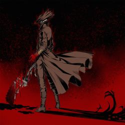 Rule 34 | arizuka (catacombe), blank eyes, blood, blood on clothes, bloodborne, coat, covered mouth, grey hair, hat, highres, hunter (bloodborne), male focus, mask, saw, saw cleaver, shadow, tricorne