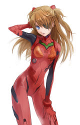 Rule 34 | 10s, 1girl, arm behind head, armpits, blue eyes, brown hair, colored eyelashes, cowboy shot, evangelion: 3.0 you can (not) redo, eyepatch, hair over one eye, hand on own knee, hand on own thigh, head tilt, leaning to the side, legs apart, long hair, looking at viewer, neon genesis evangelion, parted bangs, plugsuit, rebuild of evangelion, simple background, solo, souryuu asuka langley, standing, tontan, two side up, white background