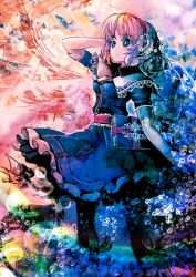 Rule 34 | 1girl, alice margatroid, arm up, bad id, bad pixiv id, black pantyhose, blonde hair, blue eyes, book, bubble, capelet, dress, female focus, flower, grimoire, grimoire of alice, hairband, highres, lace, lily (flower), organ derwald, pantyhose, sash, short hair, short sleeves, solo, touhou