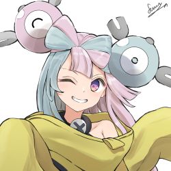 Rule 34 | 1girl, armpits, bow-shaped hair, character hair ornament, creatures (company), farat0827, game freak, hair ornament, highres, iono (pokemon), jacket, nintendo, one eye closed, oversized clothes, pokemon, pokemon sv, simple background, sleeves past fingers, sleeves past wrists, solo, very long sleeves, white background, x, yellow jacket