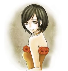 Rule 34 | 1girl, artist request, bare shoulders, black hair, breasts, brown eyes, choker, closed mouth, commentary request, dress, female focus, final fantasy, final fantasy ix, flower, formal, from side, garnet til alexandros xvii, looking at viewer, medium breasts, orange flower, orange rose, rose, short hair, small breasts, smile, solo, strapless, strapless dress, upper body, yellow dress