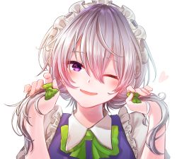 Rule 34 | 1girl, alternate hairstyle, attyuntyun915, blue dress, blush, bow, dress, frills, green bow, hair bow, hands up, heart, highres, izayoi sakuya, looking at viewer, maid, medium hair, one eye closed, purple eyes, silver hair, simple background, smile, solo, touhou, twintails, twintails day