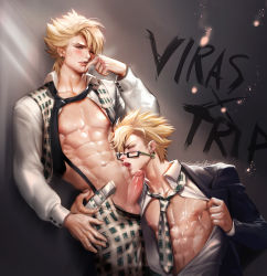 Rule 34 | 10s, 2boys, abs, against wall, blonde hair, blush, cum, cum on body, dramatical murder, erection, formal, glasses, highres, male focus, multiple boys, muscular, necktie, nipples, pectorals, penis, sakimichan, suit, sweat, tagme, trip (dramatical murder), uncensored, virus (dramatical murder), yaoi