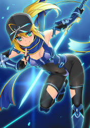 Rule 34 | 1girl, adapted costume, ahoge, artoria pendragon (fate), bare shoulders, baseball cap, black background, blue background, blue scarf, breasts, cleavage, elbow gloves, eyes visible through hair, fate/grand order, fate (series), feet out of frame, fingerless gloves, gloves, glowing, glowing sword, glowing weapon, gradient background, hair between eyes, hair through headwear, hat, himitsucalibur (fate), holding, holding sword, holding weapon, long hair, looking at viewer, mysterious heroine x (fate), mysterious heroine x (third ascension) (fate), namonashi, ninja, ponytail, scarf, skin tight, sleeveless, small breasts, smile, solo, sword, vambraces, weapon