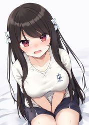 Rule 34 | 1girl, absurdres, between legs, black hair, black shorts, blush, breasts, collarbone, commentary request, flower, gym shirt, gym shorts, gym uniform, hair flower, hair ornament, hand between legs, highres, large breasts, long hair, looking at viewer, open mouth, original, red eyes, shirt, shorts, sidelocks, simple background, sitting, solo, tsuchikure, white background, white shirt