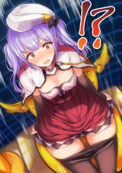 Rule 34 | !?, 1girl, ajax (azur lane), azur lane, beret, black pantyhose, blush, breasts, capelet, commentary request, detached sleeves, hat, highres, long hair, looking down, pantyhose, purple eyes, purple hair, red skirt, skirt, small breasts, solo, tobi-mura, two side up, wavy mouth