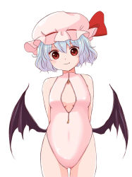 Rule 34 | 1girl, bat wings, batta (ijigen debris), blue hair, bow, breasts, cleavage cutout, clothing cutout, competition swimsuit, fang, front zipper swimsuit, gluteal fold, hat, hat bow, looking at viewer, meme attire, mob cap, one-piece swimsuit, red eyes, remilia scarlet, short hair, simple background, small breasts, smile, solo, swimsuit, touhou, white background, wings, zipper