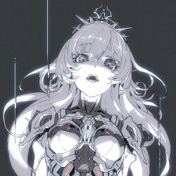 Rule 34 | 1girl, android, breasts, film grain, glitch, grey background, greyscale, highres, jnt, joints, looking at viewer, mechanical parts, monochrome, open mouth, original, robot joints, simple background, small breasts, solo, spot color, teeth, tiara, upper body, upper teeth only, white hair