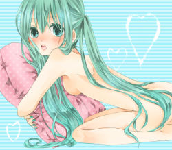 Rule 34 | 1girl, aqua eyes, aqua hair, blue background, blush, breasts, hatsune miku, heart, kneeling, long hair, nude, hugging object, open mouth, pillow, pillow hug, shinoda, small breasts, solo, twintails, very long hair, vocaloid
