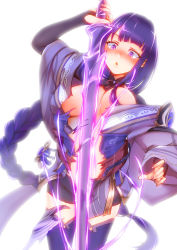 Rule 34 | 1girl, absurdres, armor, blush, braid, breasts, bridal gauntlets, commentary request, electricity, energy sword, fall4592, genshin impact, highres, holding, holding sword, holding weapon, japanese clothes, katana, kimono, large breasts, long hair, long sleeves, nail polish, open mouth, purple eyes, purple hair, purple nails, raiden shogun, ribbon, sash, shoulder armor, simple background, solo, sword, thighhighs, torn clothes, weapon, white background, wide sleeves