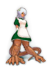 Rule 34 | 1girl, apron, arms behind back, breasts, colored skin, elbow gloves, extra arms, gloves, green eyes, hair ornament, hair over one eye, handstand, highres, maid, maid apron, monster girl, no legs, original, red skin, ryuji (red-truth), short hair, silver hair, solo, tail, white gloves