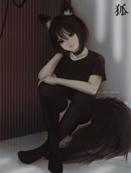 Rule 34 | 1girl, animal ear fluff, animal ears, aoi ogata, artist name, black collar, black hair, black shirt, black thighhighs, brown eyes, clip studio paint (medium), closed mouth, collar, commentary, commission, crossed legs, english commentary, fox ears, fox girl, fox tail, hair between eyes, hand up, head tilt, highres, knees up, looking at viewer, no shoes, original, red lips, shirt, short sleeves, sitting, solo, striped, tail, thighhighs, vertical stripes, vrchat