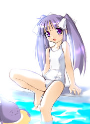 Rule 34 | 1girl, barefoot, blush, blush stickers, female focus, innertube, long hair, looking at viewer, matching hair/eyes, name tag, norizou type-r, one-piece swimsuit, pool, purple eyes, purple hair, school swimsuit, swim ring, swimsuit, twintails, water, white one-piece swimsuit