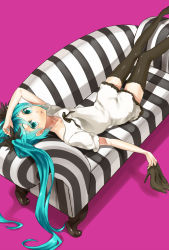 Rule 34 | 1girl, 85, aqua eyes, aqua hair, black thighhighs, colored eyelashes, couch, earrings, eyelashes, hatsune miku, high heels, highres, holding, holding shoes, jewelry, long hair, looking at viewer, lying, on back, shoes, unworn shoes, simple background, solo, striped, thighhighs, twintails, very long hair, vocaloid, world is mine (vocaloid), zettai ryouiki