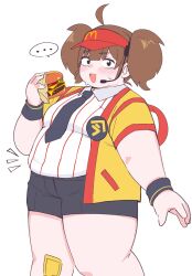 ... 1girl absurdres ahoge alternate_body_size bifizu&#039;s_gold black_eyes black_necktie black_pants black_shorts black_wristband blunt_ends blush breasts brown_hair burger collared_shirt cowboy_shot double_cheese_(mcdonald&#039;s) embarrassed employee_uniform fast_food fast_food_uniform food gauze_on_knee hat headset highres holding holding_burger holding_food jacket looking_at_viewer mcdonald&#039;s medium_breasts multicolored_clothes multicolored_jacket necktie nose_blush open_mouth pants plump red_hat shirt short_sleeves shorts simple_background solo speech_bubble striped_clothes striped_shirt sweat sweatdrop thick_arms thick_thighs thighs twintails two-tone_jacket vertical-striped_clothes vertical-striped_shirt white_background wristband yellow_happi