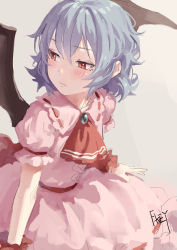 Rule 34 | 1girl, artist name, ascot, bat wings, beige background, blue hair, blush, brooch, dress, fkey, frilled shirt collar, frills, hair between eyes, highres, jewelry, looking to the side, no headwear, pink dress, puffy short sleeves, puffy sleeves, red ascot, red eyes, red sash, remilia scarlet, ribbon-trimmed collar, ribbon trim, sash, short hair, short sleeves, signature, simple background, sketch, solo, touhou, wings, wrist cuffs