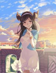 Rule 34 | 1girl, aqueduct, arch, blush, breasts, brown hair, ceda (dace), city, cloud, day, horns, jacket, licking lips, long hair, looking at viewer, looking to the side, medium breasts, orange eyes, red eyes, sky, smile, solo, standing, tareme, tongue, tongue out
