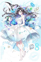 Rule 34 | 1girl, bare shoulders, black hair, blue flower, blue hair, blue necktie, blush, breasts, closed mouth, commentary request, constellation, dress, english text, floating hair, flower, full body, gemini (constellation), gradient hair, green eyes, high heels, highres, key, libra (constellation), long hair, looking at viewer, looking back, medium breasts, multicolored hair, nail polish, necktie, original, purple flower, purple hair, rednian, shoes, sleeveless, sleeveless dress, solo, standing, standing on one leg, tears, very long hair, whale, white dress, white footwear, white nails, wrist cuffs