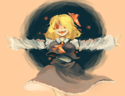 Rule 34 | 1girl, alternate breast size, ascot, black skirt, black vest, blonde hair, bouncing breasts, breasts, darkness, hair over one eye, hair ribbon, large breasts, long sleeves, looking at viewer, mary janes, open mouth, outstretched arms, pointy ears, red eyes, red footwear, red ribbon, ribbon, rumia, shoes, short hair, skirt, solo, spread arms, teeth, temmie chang, touhou, vest