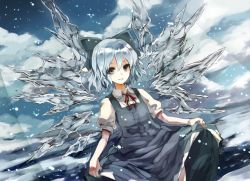 Rule 34 | 1girl, blouse, blue dress, blue eyes, blue hair, blue sky, bow, cirno, clothes lift, cloud, collared shirt, day, dress, dress lift, duplicate, hair between eyes, hair bow, ice, ice wings, matching hair/eyes, monorino, revision, shirt, short hair, sky, smile, solo, star (sky), string, touhou, white shirt, wings