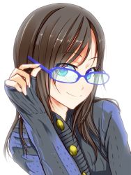 Rule 34 | 1girl, blue-framed eyewear, blue eyes, brown hair, buttons, derivative work, fingernails, glasses, kazeoto kirito, long hair, looking at viewer, multicolored eyes, original, purple eyes, simple background, sleeves past wrists, smile, solo, white background