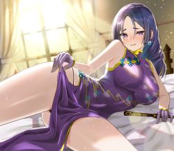 Rule 34 | 1girl, backlighting, bare shoulders, black panties, blush, breasts, china dress, chinese clothes, covered navel, dress, earrings, fate/grand order, fate (series), folding fan, gloves, hand fan, heroic spirit traveling outfit, highres, inari (ambercrown), jewelry, large breasts, leaf print, long hair, looking at viewer, low-tied long hair, lying, minamoto no raikou (fate), minamoto no raikou (traveling outfit) (fate), on bed, on side, panties, parted bangs, purple dress, purple eyes, purple gloves, purple hair, smile, underwear, very long hair, window