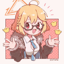 Rule 34 | 1girl, :d, ahoge, between breasts, black-framed eyewear, black jacket, blue archive, blue necktie, blush stickers, braid, breasts, cleavage, collared shirt, commentary request, dress shirt, fur-trimmed jacket, fur-trimmed sleeves, fur trim, glasses, jacket, koru koruno, kotori (blue archive), long sleeves, looking at viewer, medium breasts, necktie, necktie between breasts, notice lines, open clothes, open jacket, open mouth, pink background, polka dot, polka dot background, red eyes, semi-rimless eyewear, shirt, short hair, signature, smile, solo, under-rim eyewear, upper body, v-shaped eyebrows, white shirt