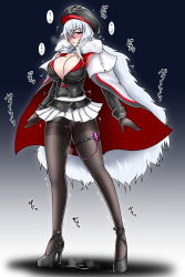 Rule 34 | 1girl, absurdres, azur lane, black footwear, black gloves, black hat, black jacket, black pantyhose, blue background, blush, breasts, breath, cleavage, closed mouth, coat, collarbone, controller, covered erect nipples, female focus, female pubic hair, full body, fur trim, gloves, gradient background, graf zeppelin (azur lane), hair over one eye, half-closed eyes, hat, heart, high heels, highres, jacket, japanese text, large breasts, long sleeves, looking at viewer, miniskirt, nose blush, pantyhose, peaked cap, pleated skirt, pubic hair, purple eyes, pussy juice, remote control, remote control vibrator, sex toy, shiny clothes, shoes, simple background, skirt, solo, speech bubble, spoken heart, standing, steam, sweat, tasuro kuzuha, thigh strap, thighband pantyhose, translation request, trembling, vibrator, vibrator under clothes, white coat, white hair, white skirt
